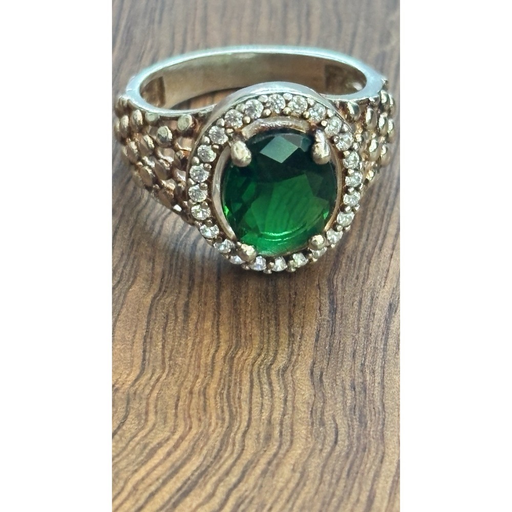 Simulated Emerald &Diamonds  Ring Yellow Gold Plated Silver Size 5.75
